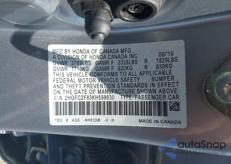 2019 Honda Civic Sport from USA, damaged, VIN 2HGFC2F83KH598630